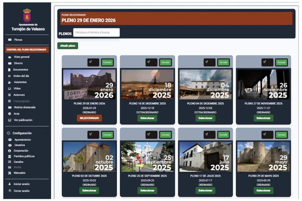 Panel principal de gestión de plenos municipales Panel de la plataforma SaaS para la gestión de plenos municipales con listado de sesiones e intervenciones