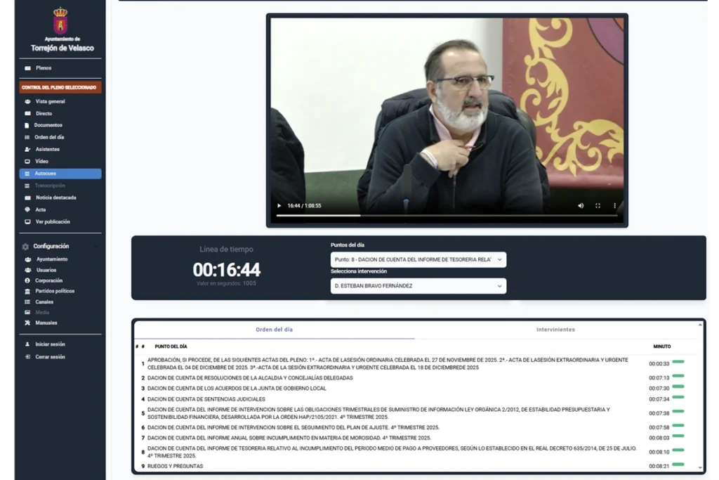 Organización del orden del día e intervenciones del pleno Vista estructurada del orden del día e intervenciones en la plataforma de gestión de plenos